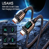 Cablu de Date & Încărcare Rapidă USAMS Shadow Series, USB-C la USB-C, 100W PD, Display Digital LED, Nylon Împletit, 1.2m