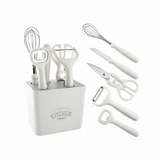 Set ustensile bucătărie 5+1 piese cu suport, inox și PP