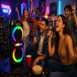 Boxă Portabilă Bluetooth Karaoke ZQS42111KW, 200W, 2 Microfoane Wireless Incluse, Lumini LED RGB, Bass Puternic, Curea de Transport, Acumulator 2500mAh, Negru