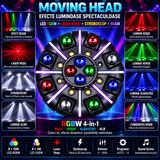 Moving Head Profesional RGBW cu Laser Roșu, Stroboscop, 8×10W + 8×3W LED, DMX512 26 Canale, Sound Active, Auto, Master/Slave și Telecomandă