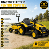 Tractor Electric KIDOO pentru Copii cu Telecomandă 2.4G, Remorcă Detașabilă, 12V 4.5Ah, 2 Motoare 380, Lumini LED, Muzică, Centură de Siguranță, Galben/Gri