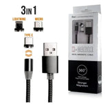 Cablu magnetic 3 în 1 metalic 360°, Lightning, Micro USB, USB-C