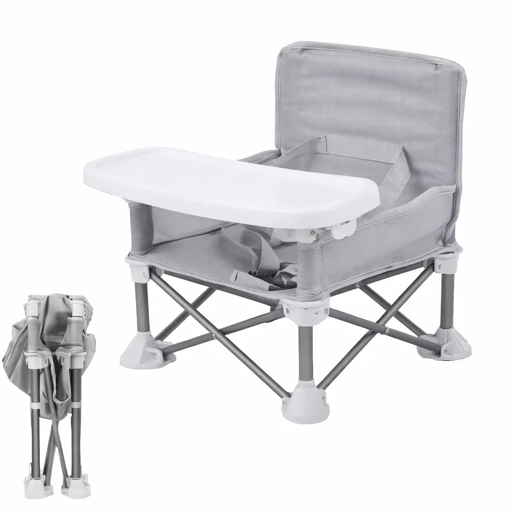 Scaun bebe, pliabil, compact, portabil, usor de depozitat, cu tava detasabila, pentru masa si joaca, cu spatiu de depozitare, ham de siguranta in 5 puncte