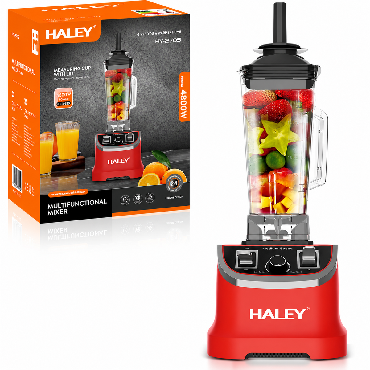 Blender Profesional Multifuncțional HALEY HY-2705, 4800W, Cană 2.5L, 15 Trepte de Viteză, Funcție Pulse, Zdrobire Gheață, Lame din Inox