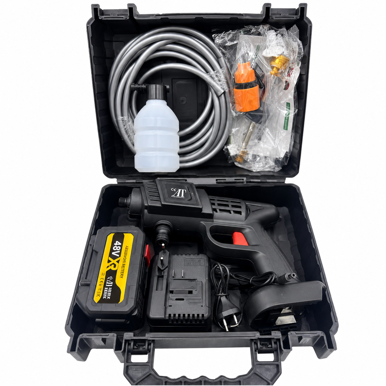 Pistol de Spălat cu Presiune Portabil AT PERFORMANCE®, 2 Acumulatori 36V, Pulverizator pentru Spumă, Autoabsorbție, Set Complet