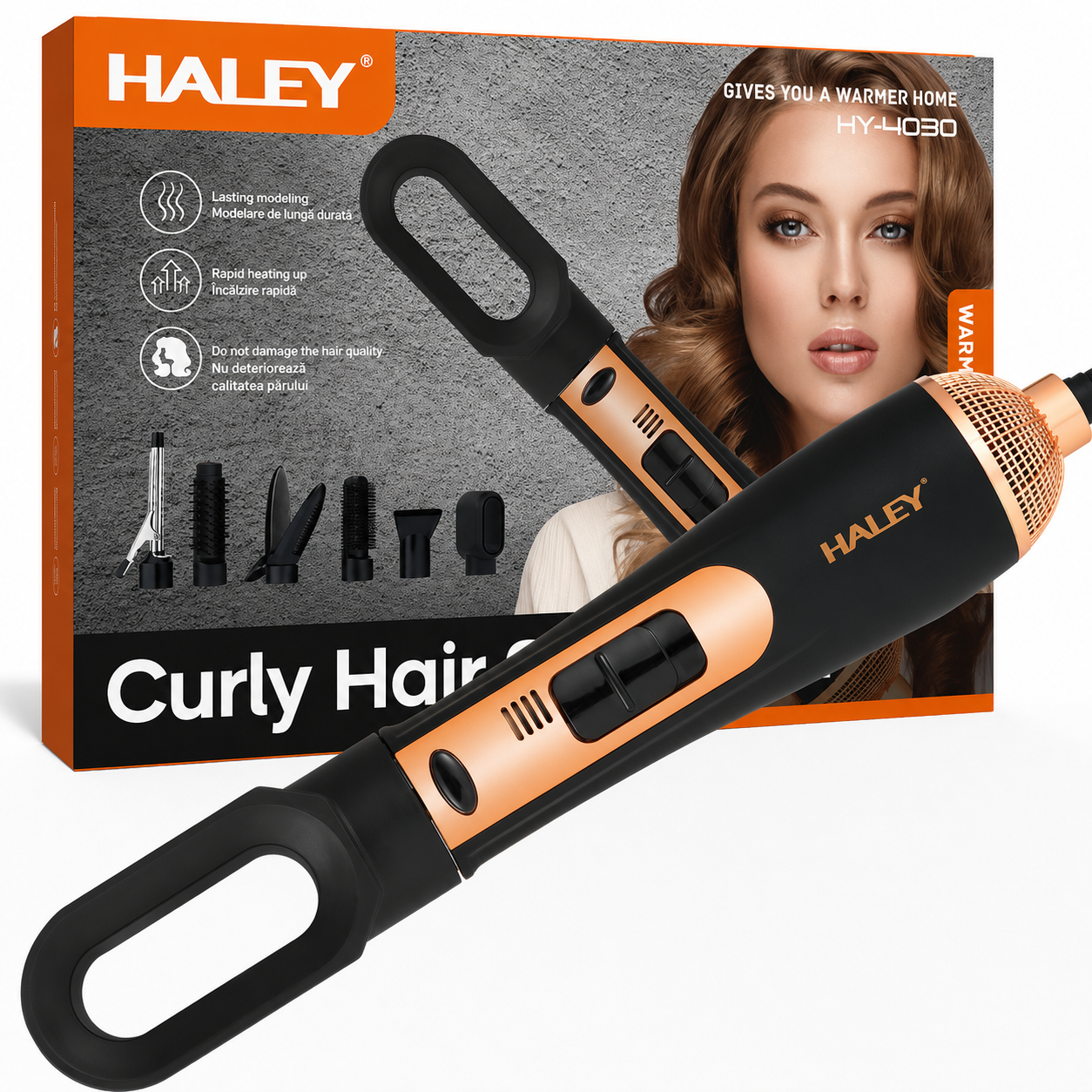 Aparat de Coafat Multifuncțional HALEY HY-L4030 7 în 1, 1200W, 27.000–28.000 RPM, Uscare, Ondulare, Netezire și Volum, Accesorii Interschimbabile