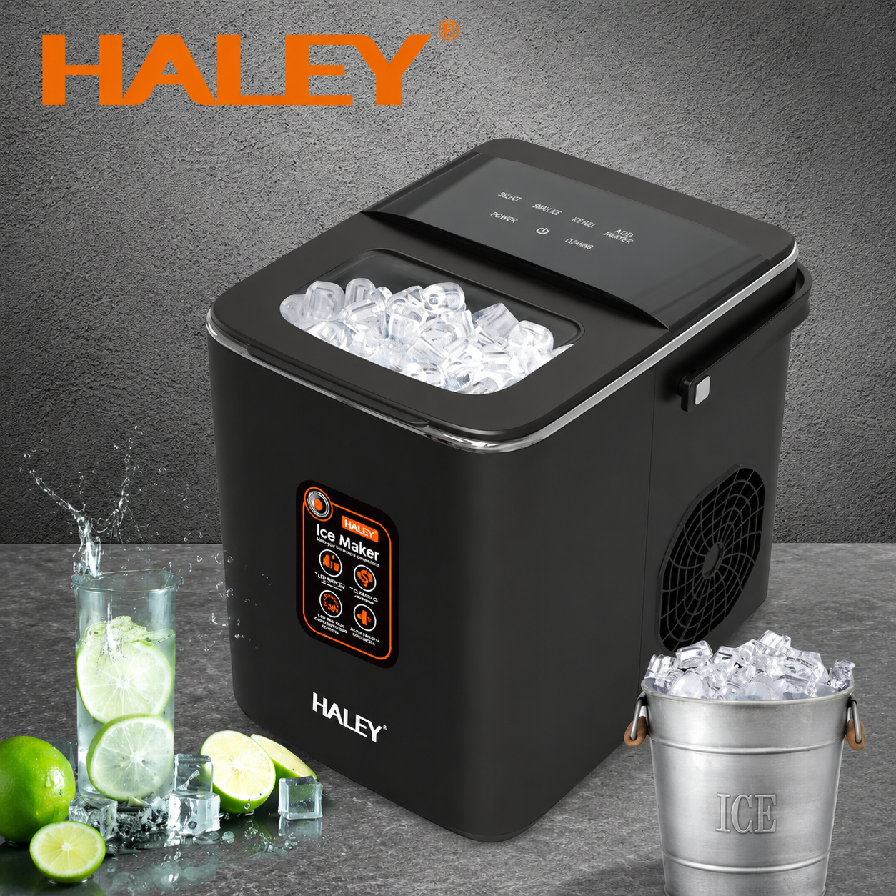 Mașină de Gheață Haley HY-6102, 100W, 12 Kg/24h, 9 Cuburi/Ciclu, Rezervor 1.8L, 2 Dimensiuni Gheață, Producție Continuă, Negru