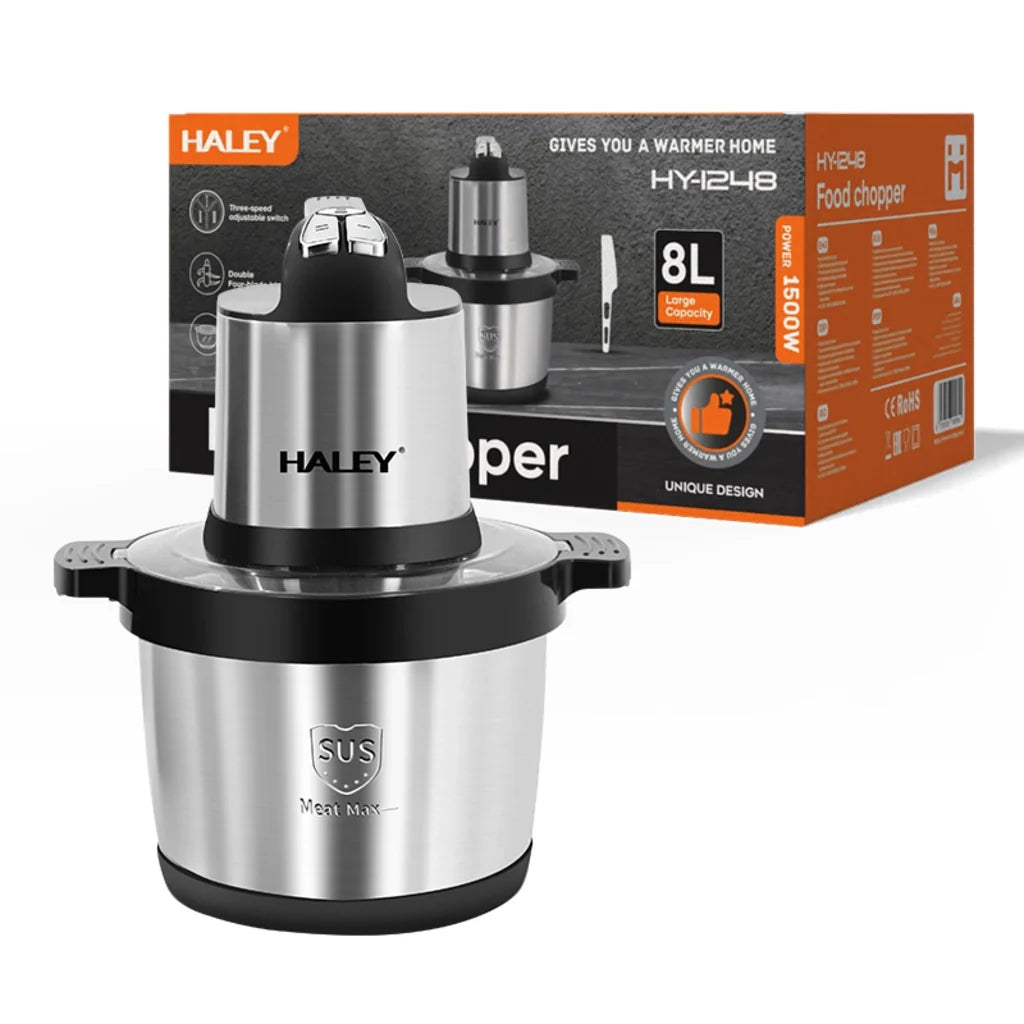 Tocător Electric HALEY HY-1248, 1500W, Bol Inox 8L, 4 Lame din Oțel Inoxidabil, 3 Trepte de Viteză, pentru Carne și Legume