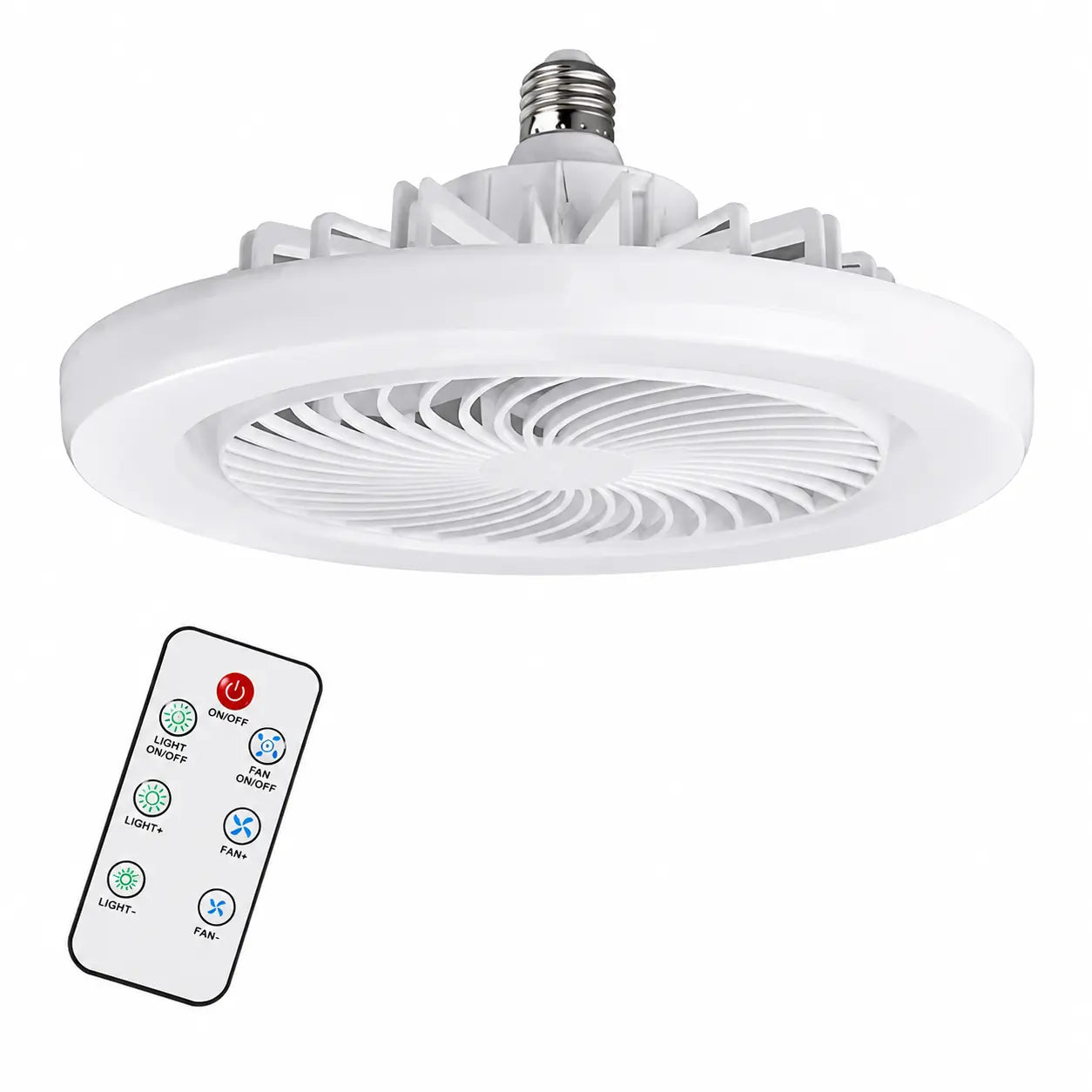 Ventilator de Tavan cu LED și Telecomandă E27 – Bec Ventilator 2 în 1, 3 Trepte de Lumină, 3 Viteze, Economie de Energie, Alb