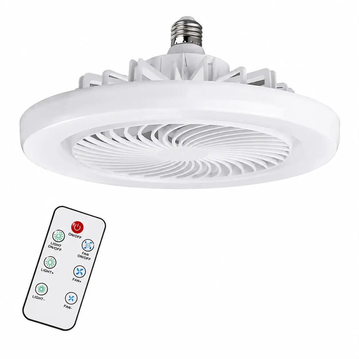 Ventilator de Tavan cu LED și Telecomandă E27 – Bec Ventilator 2 în 1, 3 Trepte de Lumină, 3 Viteze, Economie de Energie, Alb