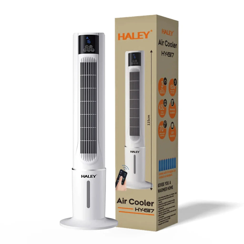 Răcitor de Aer Tip Turn HALEY HY-6117, 2000W, Rezervor 4,5L, 3 Trepte de Viteză, Oscilație Automată, Telecomandă, Timer, Display LED, Alb