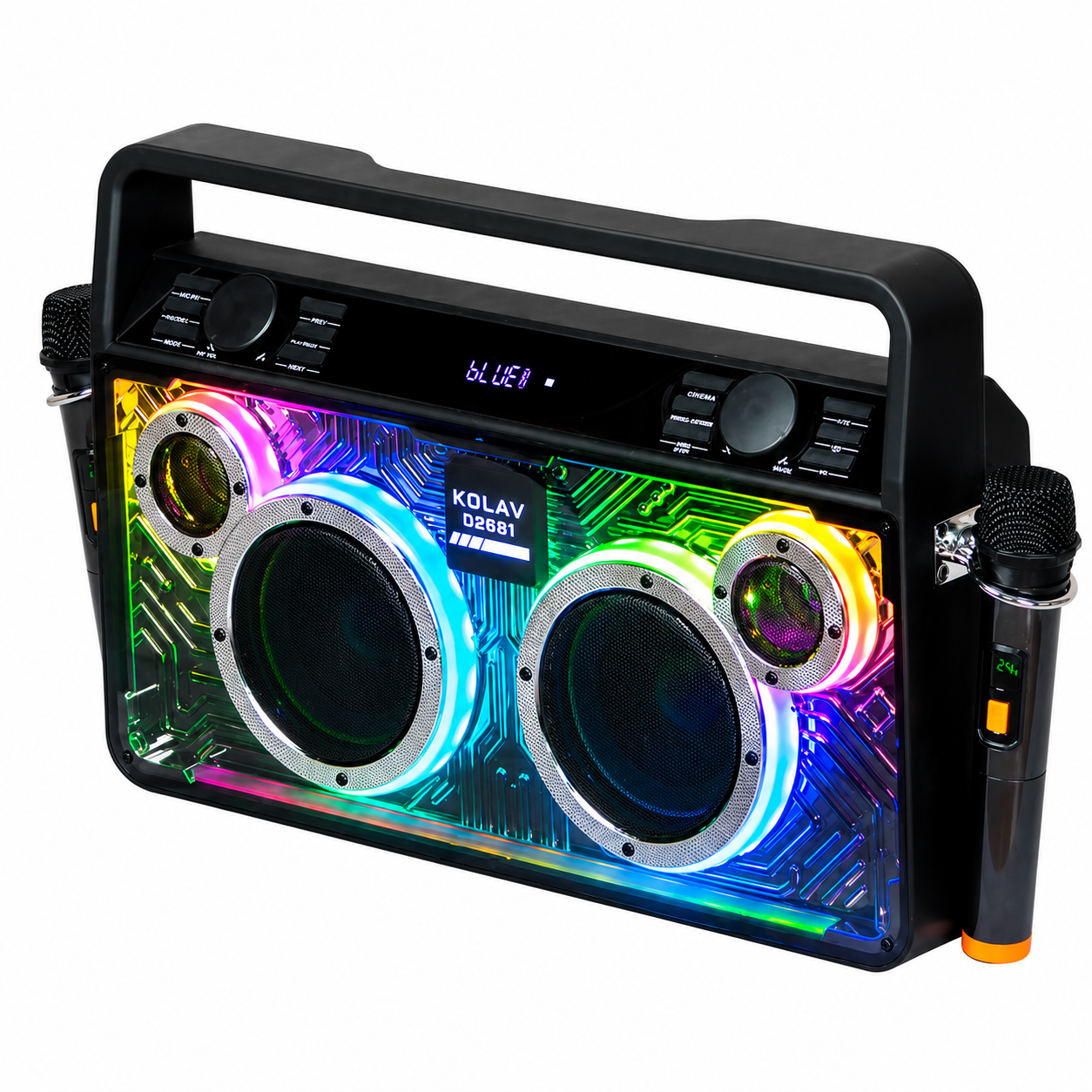 Boxă Portabilă Karaoke KOLAV D2661 X-BASS, 400W, Bluetooth 5.2, 2x6", 2 Microfoane Wireless, RGB LED, USB/TF/AUX, Telecomandă, Acumulator 4000mAh, Bass puternic