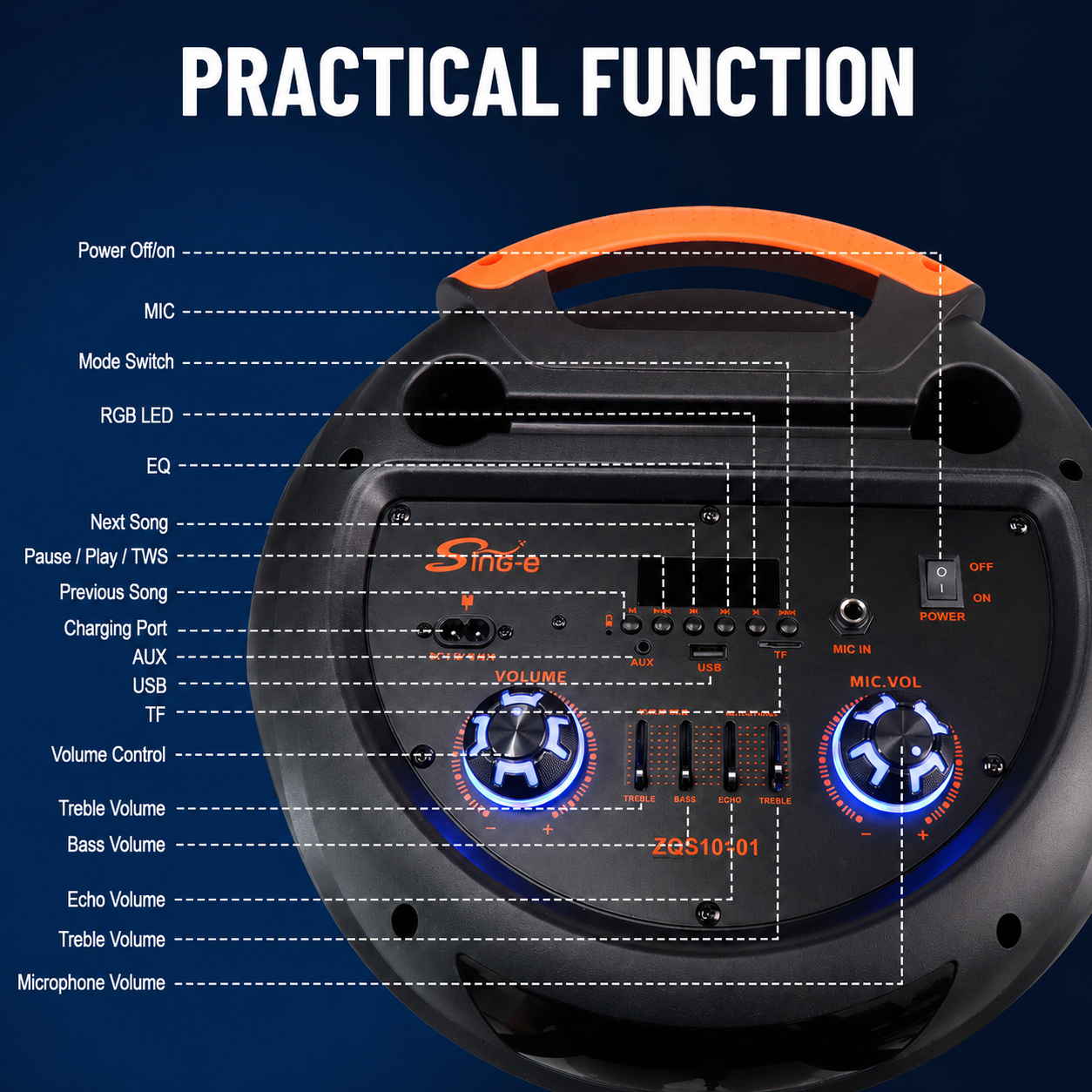 Boxă Portabilă Karaoke Sing-e ZQS10301, 20000W PMPO, 3 x 10", Bluetooth, USB/TF, AUX, Intrare Microfon, LED RGB, Acumulator 5000mAh