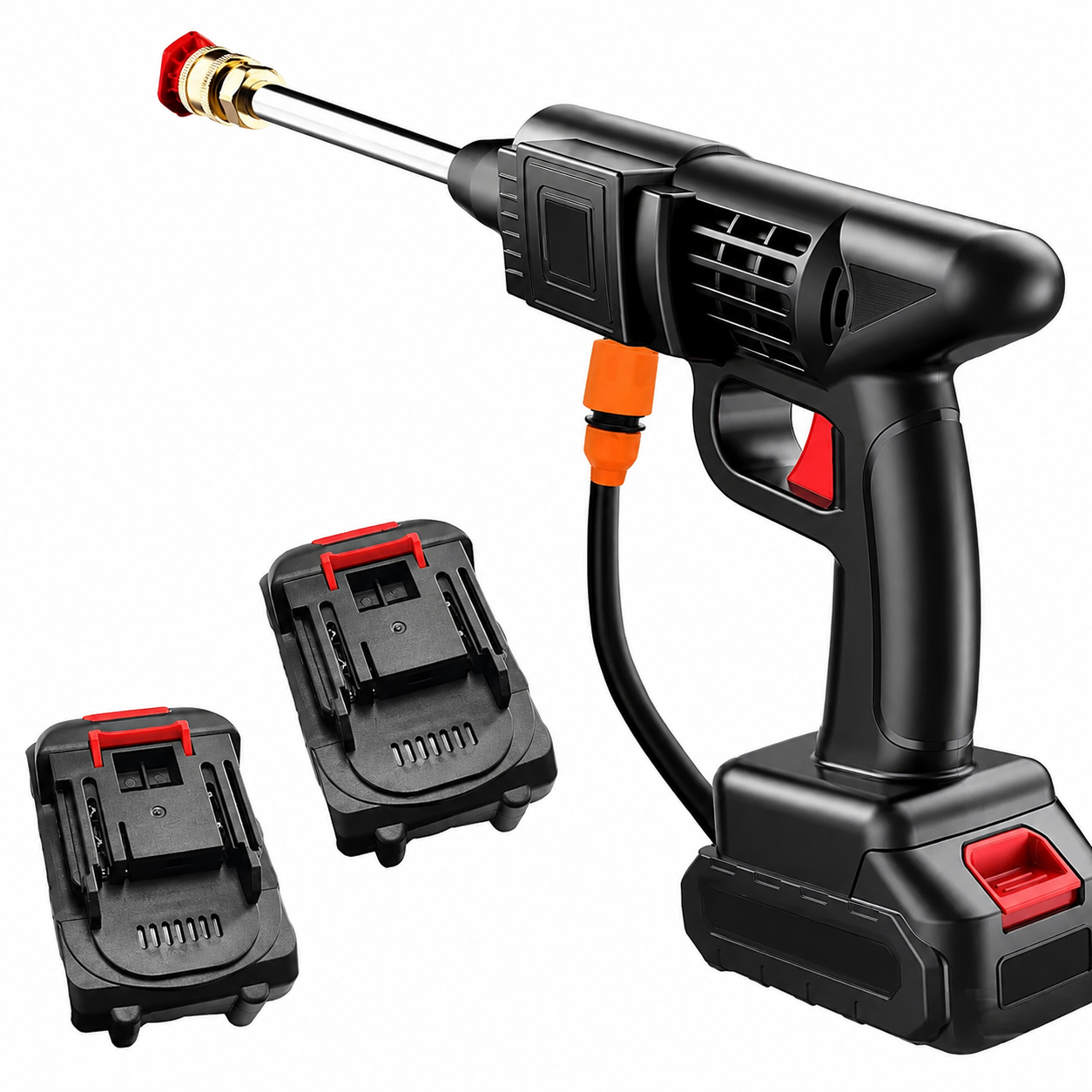 Pistol de Spălat cu Presiune Portabil AT PERFORMANCE®, 2 Acumulatori 36V, Pulverizator pentru Spumă, Autoabsorbție, Set Complet
