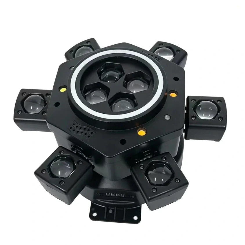 Moving Head LED Bee-Eye cu 6 Beam-uri Mobile, Laser Roșu și Verde, Stroboscop Dublu și Bandă LED RGB – Control DMX512 26 Canale, Master/Slave, Auto-Run și Sound Active pentru Club, DJ, Nunți și Evenimente