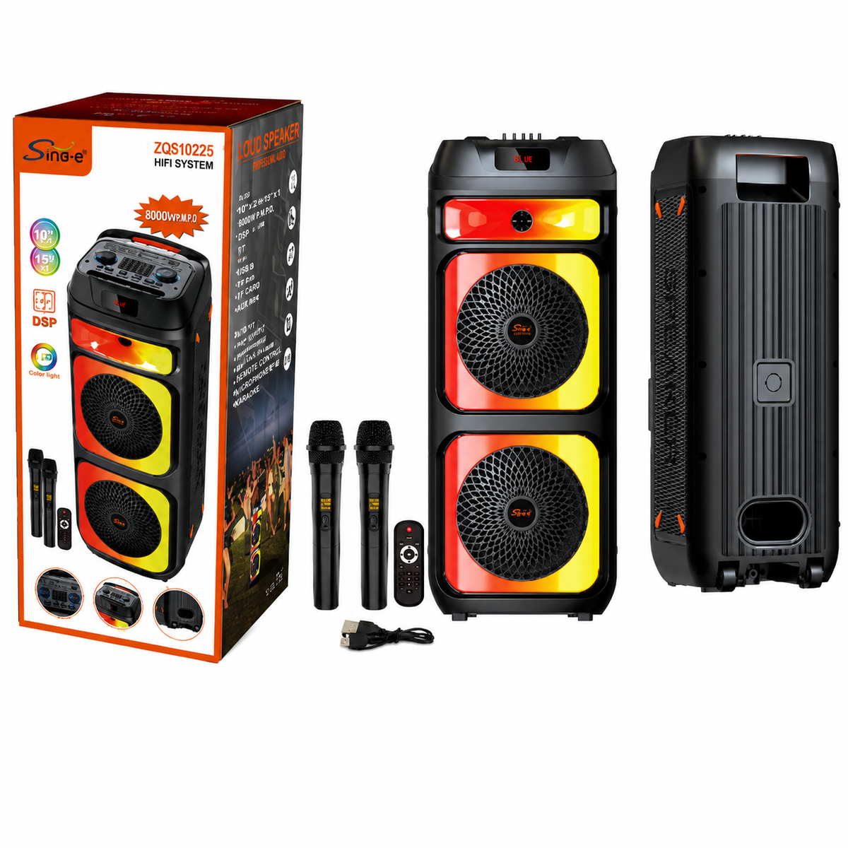 Boxă Portabilă Karaoke Sing-e ZQS10225, Bluetooth, 2x10", 80W, DSP Audio, 2 Microfoane Wi-Fi, LED RGB, Acumulator 6000mAh, Telecomandă