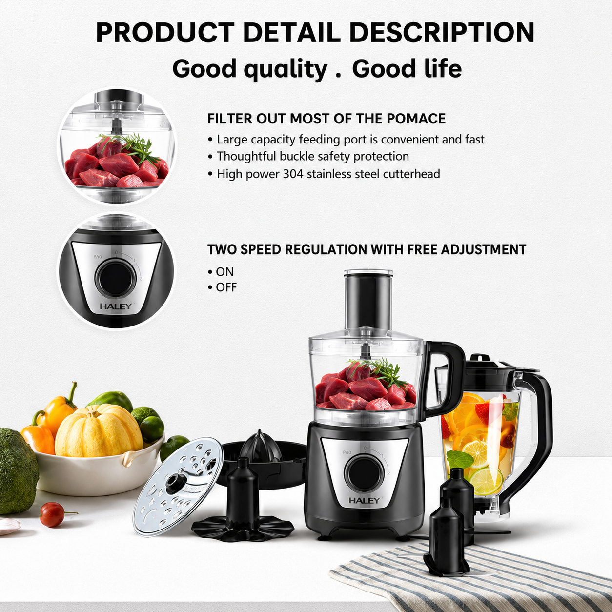 Robot de Bucătărie HALEY® HY-1325, 8 în 1, 1500W, Blender 1.5L, Procesor 1L, 2 Viteze + Pulse, Lame Inox