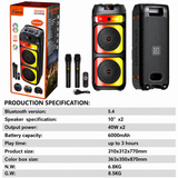 Boxă Portabilă Karaoke Sing-e ZQS10225, Bluetooth, 2x10", 80W, DSP Audio, 2 Microfoane Wi-Fi, LED RGB, Acumulator 6000mAh, Telecomandă