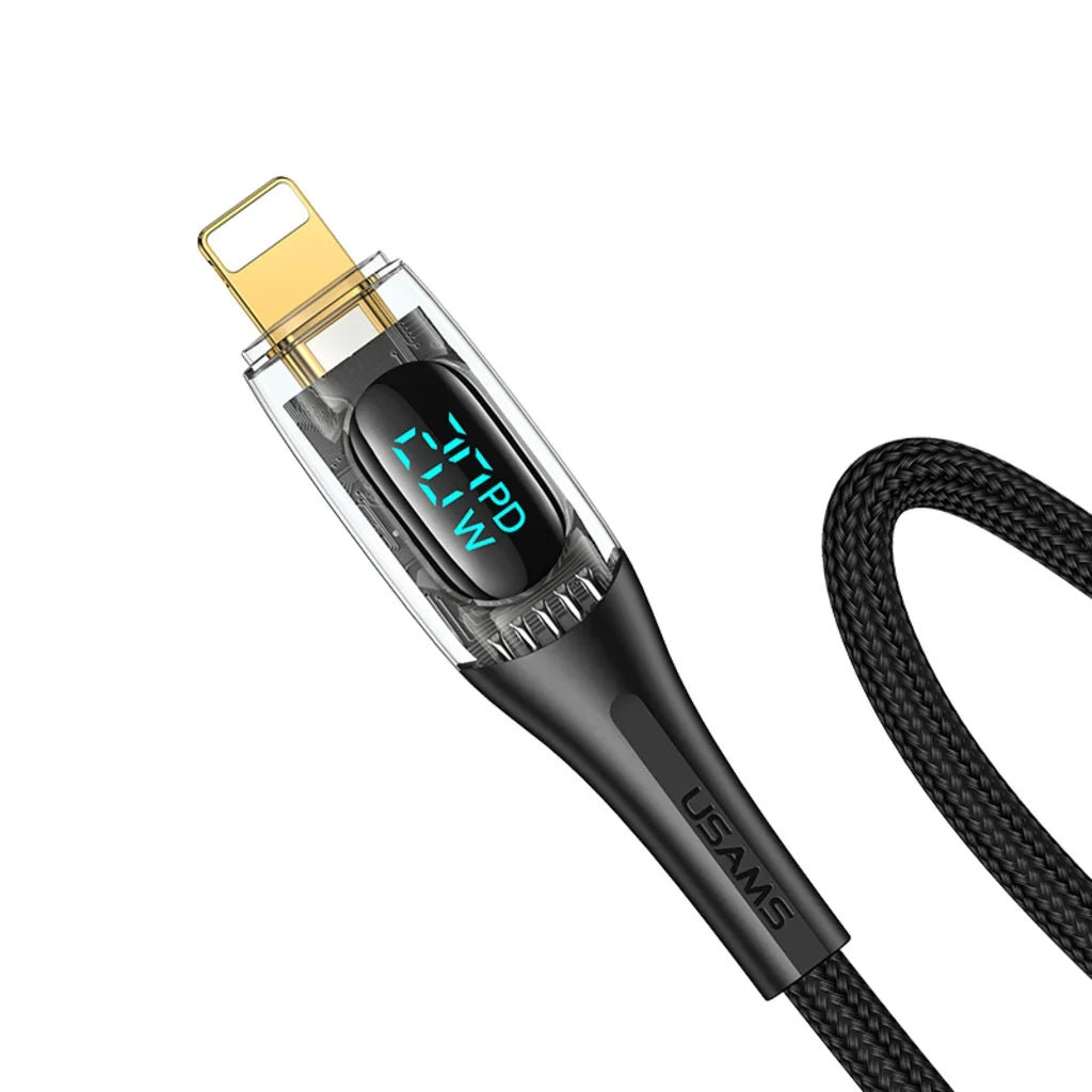 Cablu de încărcare USAMS USB-C – Lightning PD 20W, afișaj digital, design transparent, 1,2 m