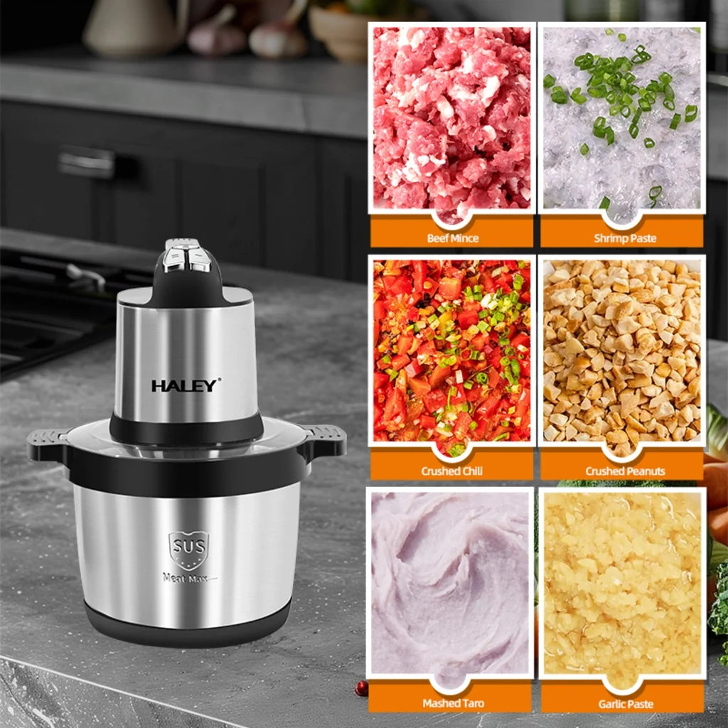 Tocător Electric HALEY HY-1248, 1500W, Bol Inox 8L, 4 Lame din Oțel Inoxidabil, 3 Trepte de Viteză, pentru Carne și Legume
