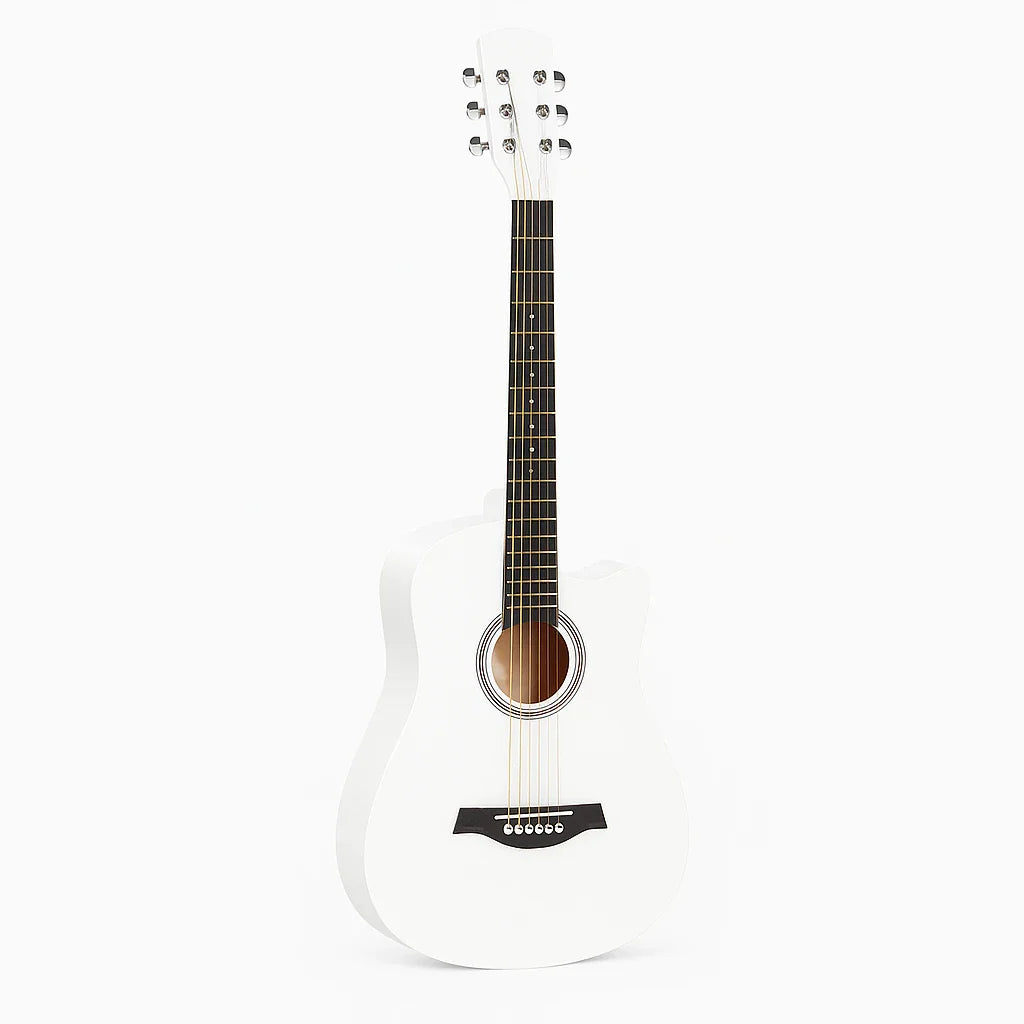 Chitară acustică 4/4 albă – design elegant, sunet clar și echilibrat