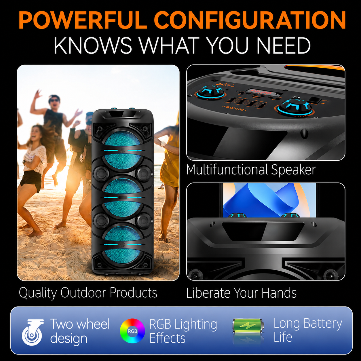 Boxă Portabilă Karaoke Sing-e ZQS10301, 20000W PMPO, 3 x 10", Bluetooth, USB/TF, AUX, Intrare Microfon, LED RGB, Acumulator 5000mAh
