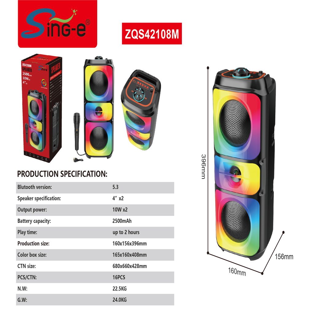 Boxă Portabilă Bluetooth 5.3 Sing-e ZQS42108XM, 200W, 2 Difuzoare 4", Microfon Inclus, Lumini LED RGB, Acumulator 2500mAh, Karaoke, Negru