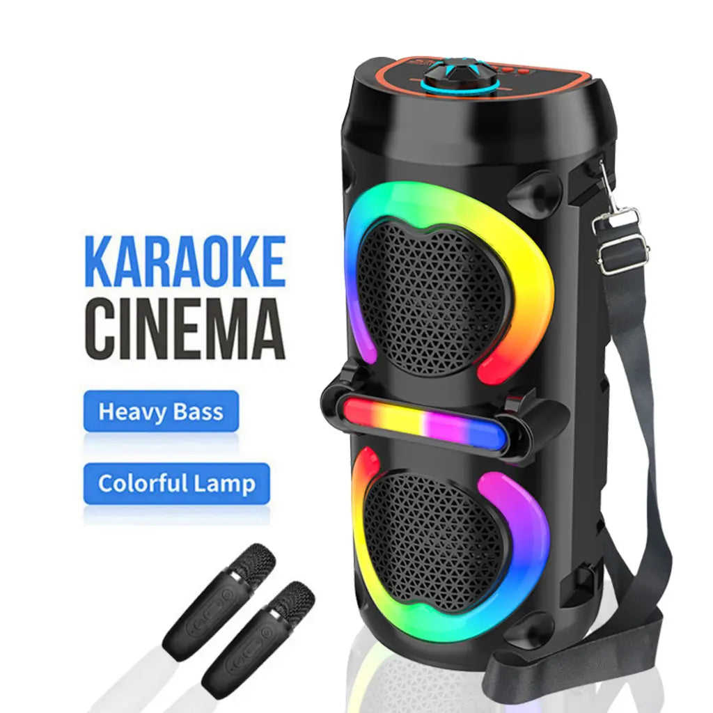 Boxă Portabilă Bluetooth Karaoke ZQS42111KW, 200W, 2 Microfoane Wireless Incluse, Lumini LED RGB, Bass Puternic, Curea de Transport, Acumulator 2500mAh, Negru