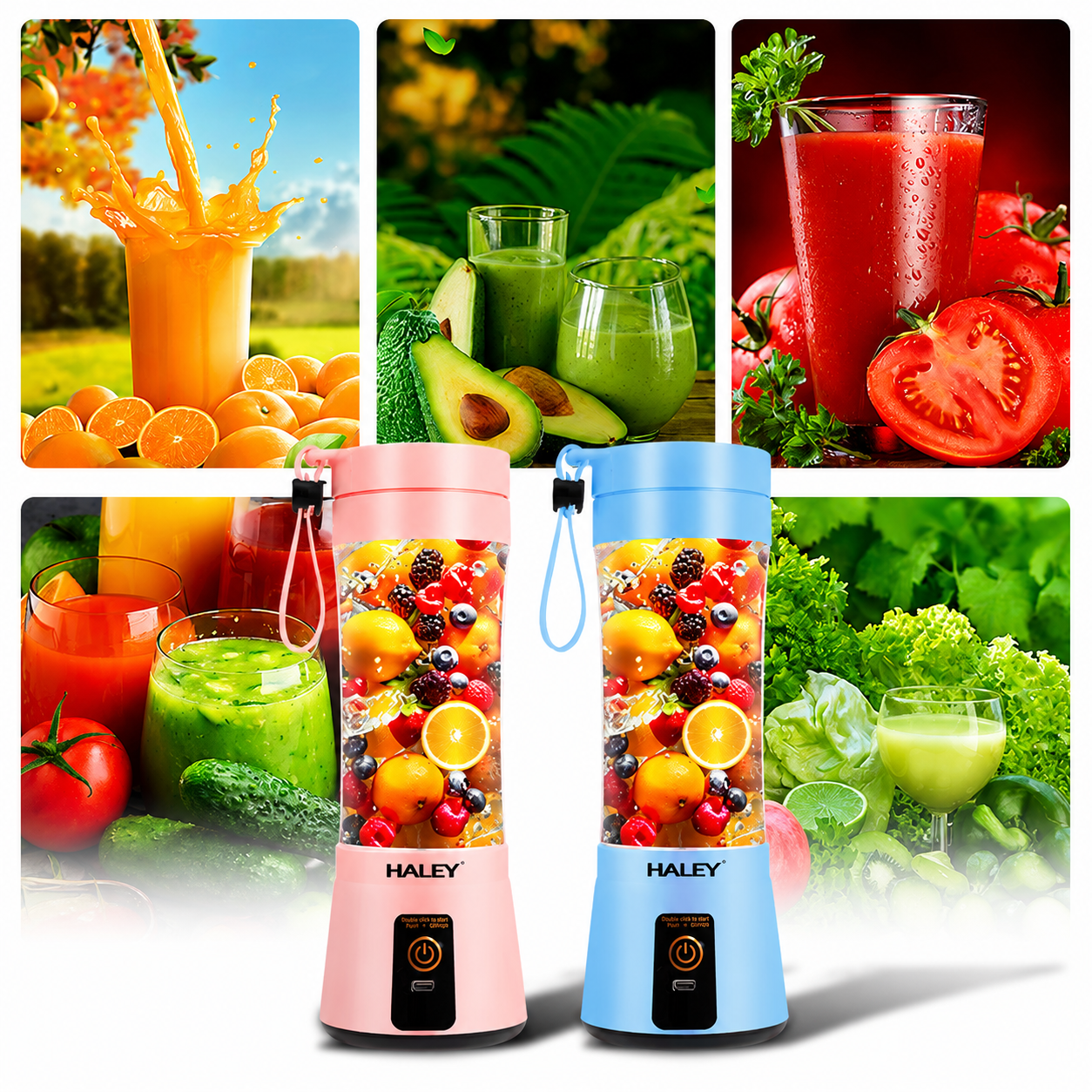 Blender Portabil Haley HY-2950, 480 ml, Baterie 2000 mAh, Reîncărcabil USB, Mini Smoothie Maker pentru Fructe și Legume