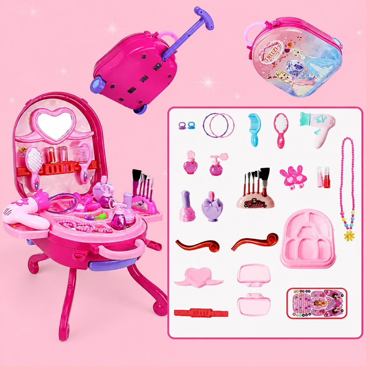 Set de Joacă Machiaj pentru Fetițe AT Performance®, 36 Piese, Valiză 2 în 1 Transformabilă, Accesorii Cosmetice de Jucărie, Roz, 3+ Ani