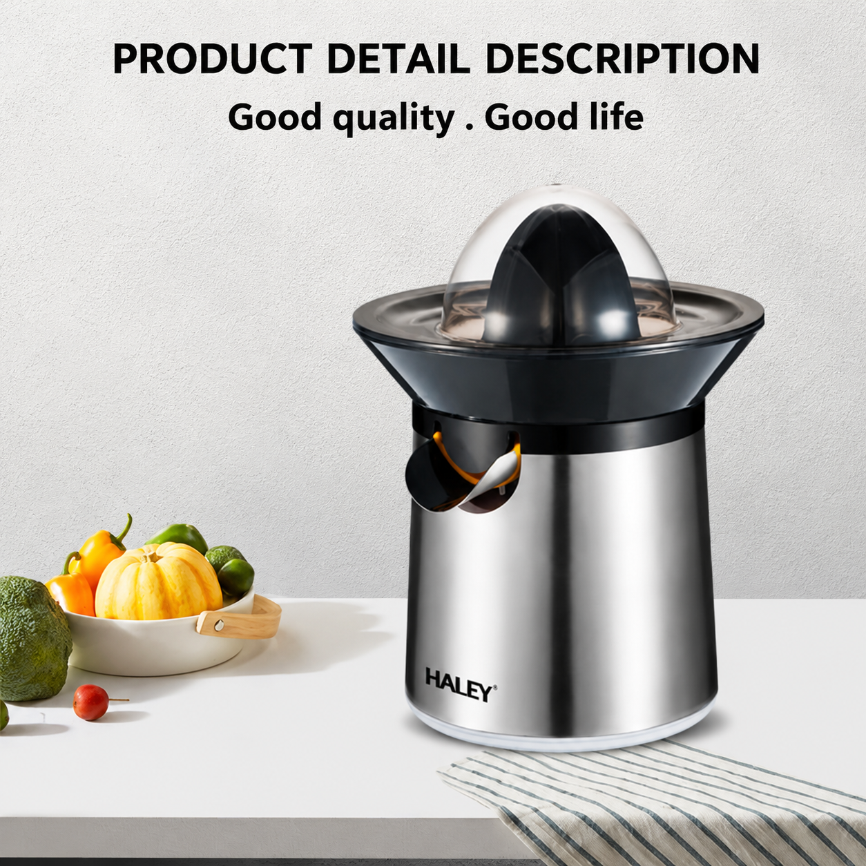 Storcător Electric pentru Citrice Haley HY-2958, 300W, Recipient 300 ml, Sistem de Presare, Corp Inox, Capac de Protecție