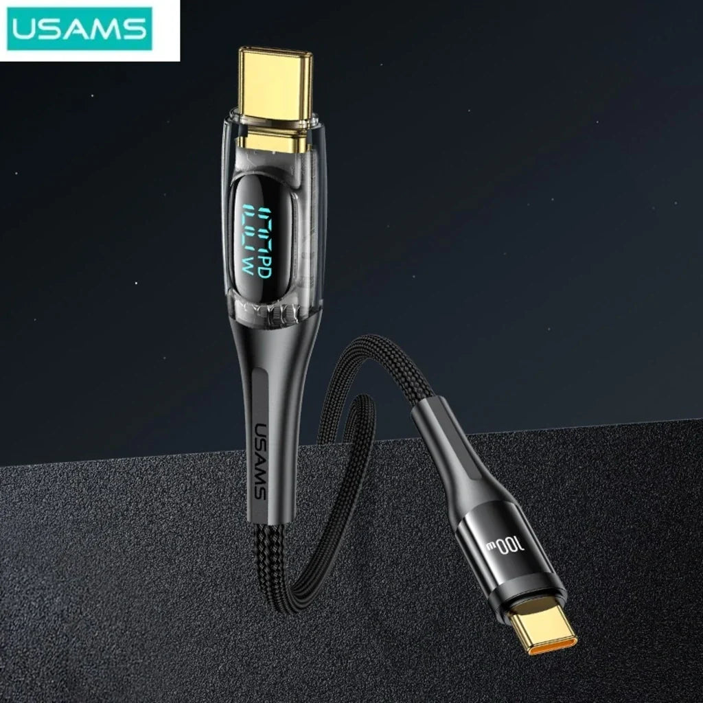Cablu de Date &amp; Încărcare Rapidă USAMS Shadow Series, USB-C la USB-C, 100W PD, Display Digital LED, Nylon Împletit, 1.2m
