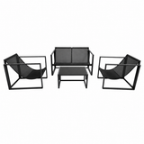 Set Mobilier Grădină AT PERFORMANCE® 4 Piese, Canapea 2 Locuri + 2 Fotolii + Măsuță cu Sticlă Securizată Neagră, Cadru Metalic