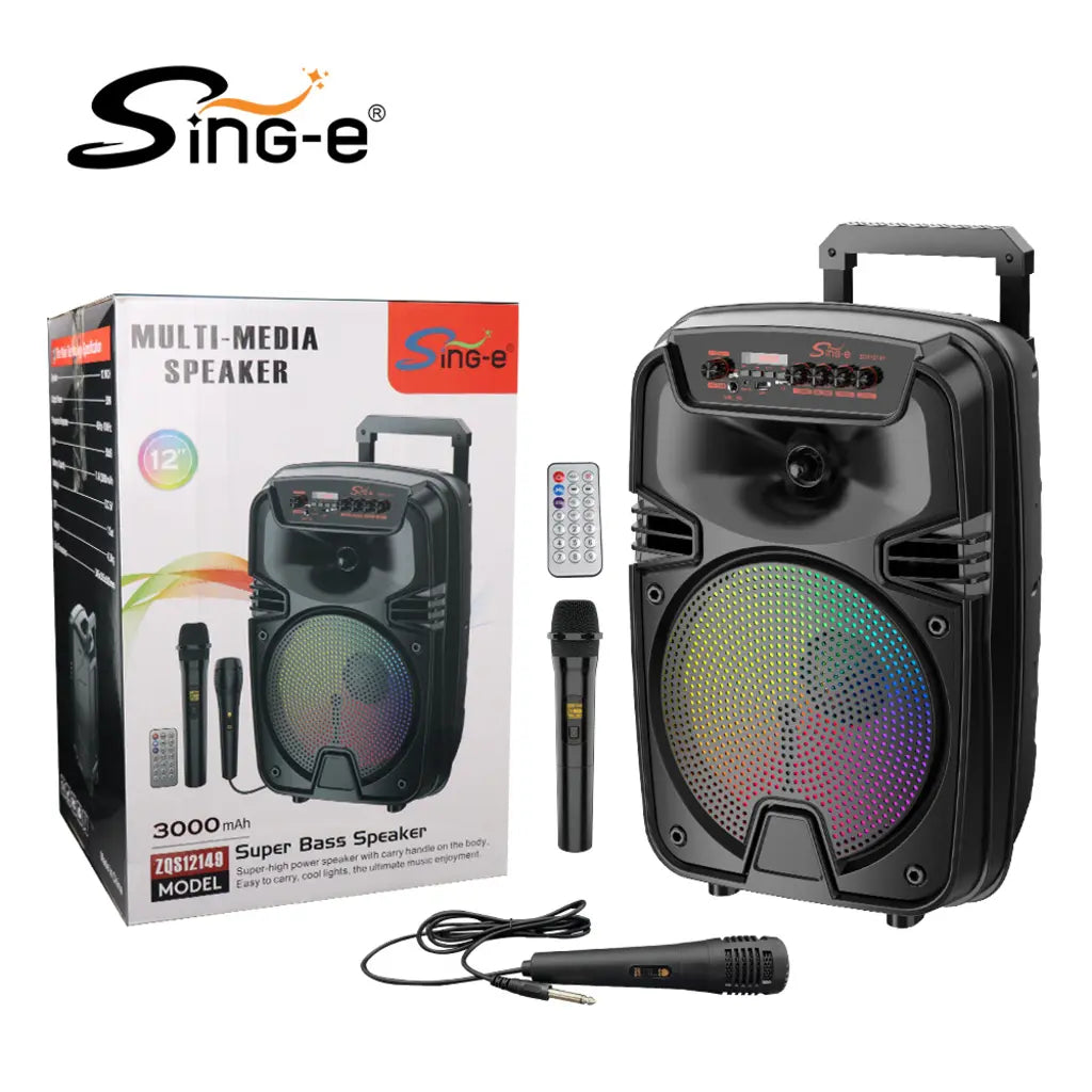 Boxă Portabilă Karaoke Sing-e ZQS12149, 12 Inch, 200W, Bluetooth 5.3, Acumulator 3000mAh, RGB LED, USB/TF/FM, 2 Microfoane Incluse, Telecomandă