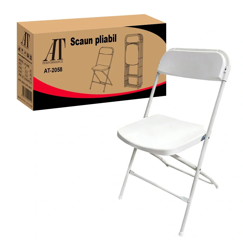 Set 4 Scaune Pliabile Albe cu Structură Metalică și Șezut din Plastic Rezistent – Scaune Rabatabile pentru Evenimente, Terasă, Bucătărie și Uz Profesional