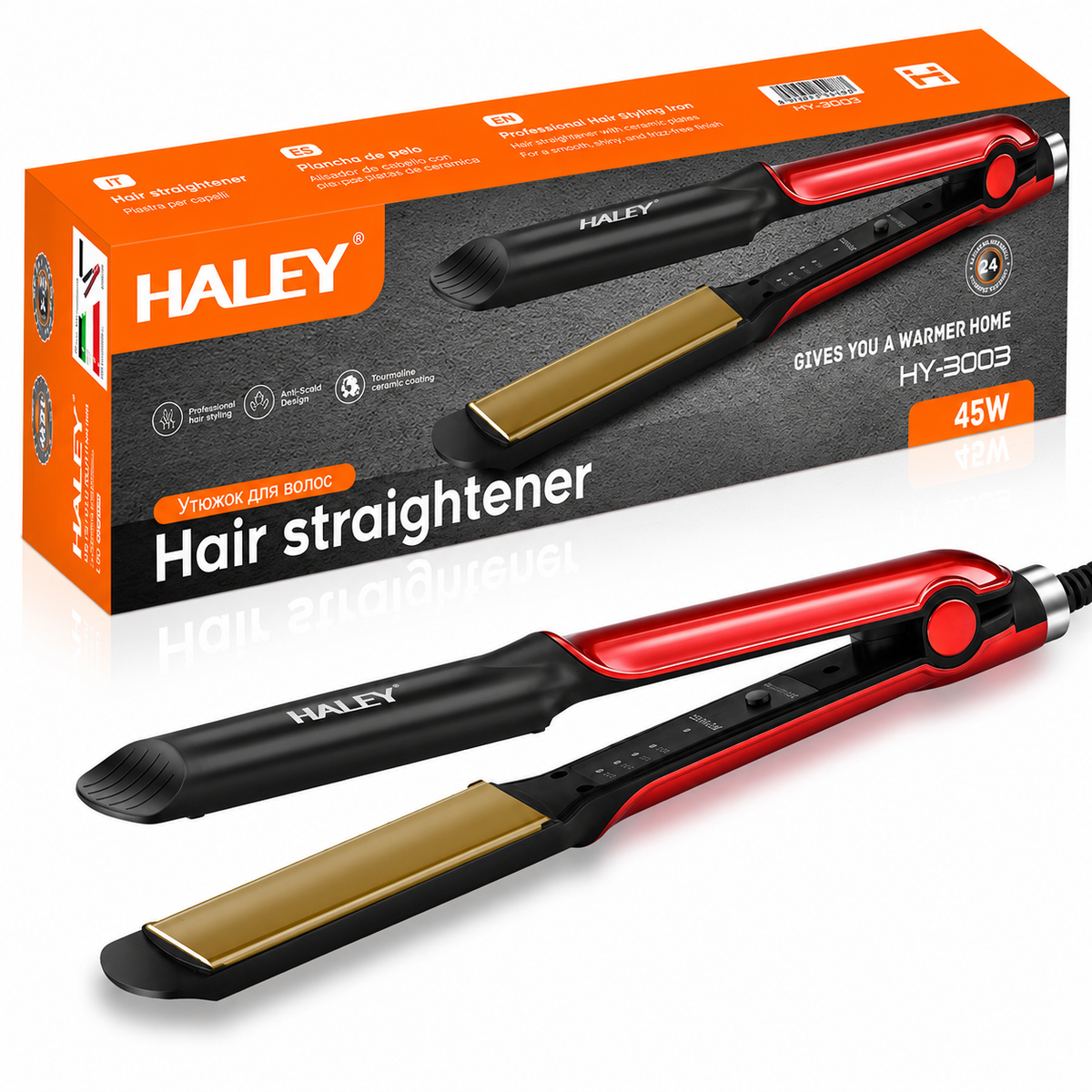 Placă de Îndreptat Părul HALEY® HY-3003, 45W, 4 Trepte de Temperatură 160-220°C, Încălzire Rapidă, Indicator LED