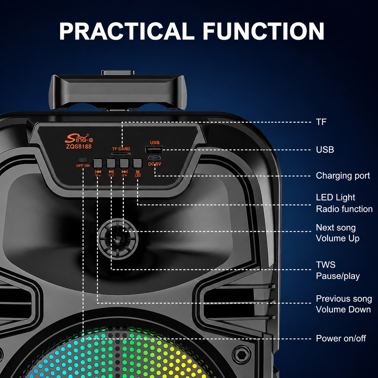 Boxă Portabilă Bluetooth Sing-e® ZQS8188, 200W PMPO, Difuzor 8", Microfon Wireless, LED RGB, USB, TF Card, FM Radio, Telecomandă, Acumulator 3000mAh