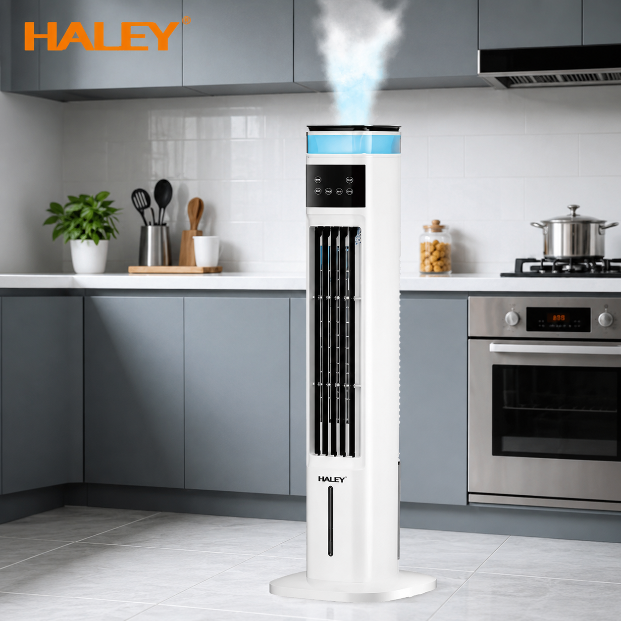 Răcitor de Aer Tip Turn HALEY HY-6117, 2000W, Rezervor 4,5L, 3 Trepte de Viteză, Oscilație Automată, Telecomandă, Timer, Display LED, Alb