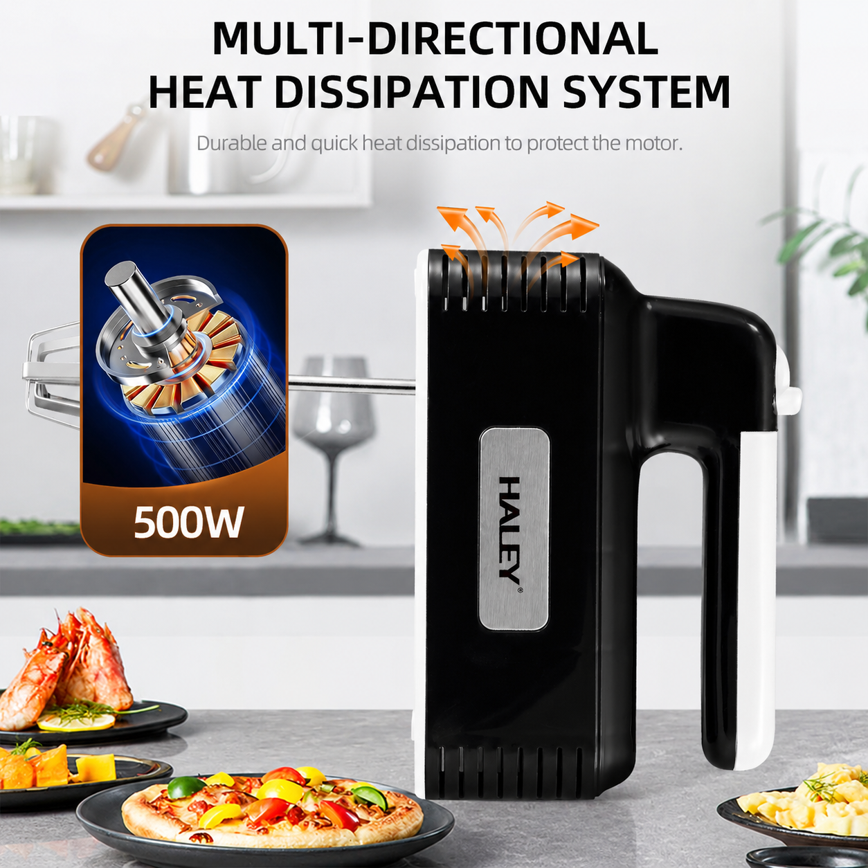 Mixer de Mână HALEY HY-1689, 500W, 5 Trepte de Viteză, Teluri și Cârlige pentru Frământare, Sistem de Detașare Rapidă, Negru
