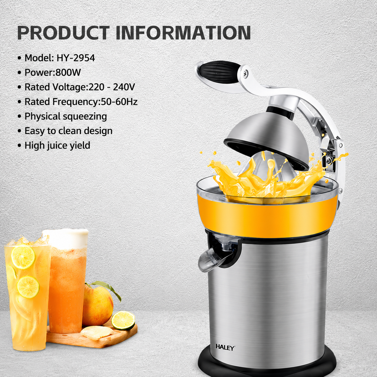 Storcător Electric pentru Citrice Haley HY-2954, 800W, Recipient 400 ml, Sistem cu Pârghie, Carcasă Inox, Randament Ridicat, Argintiu