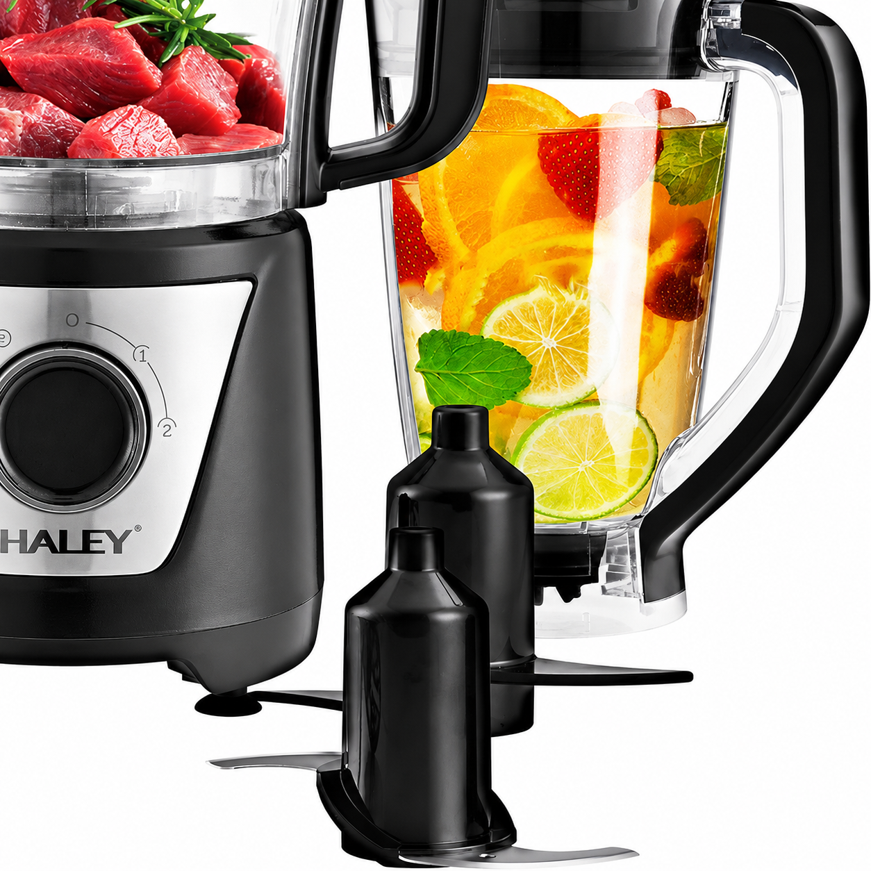 Robot de Bucătărie HALEY® HY-1325, 8 în 1, 1500W, Blender 1.5L, Procesor 1L, 2 Viteze + Pulse, Lame Inox