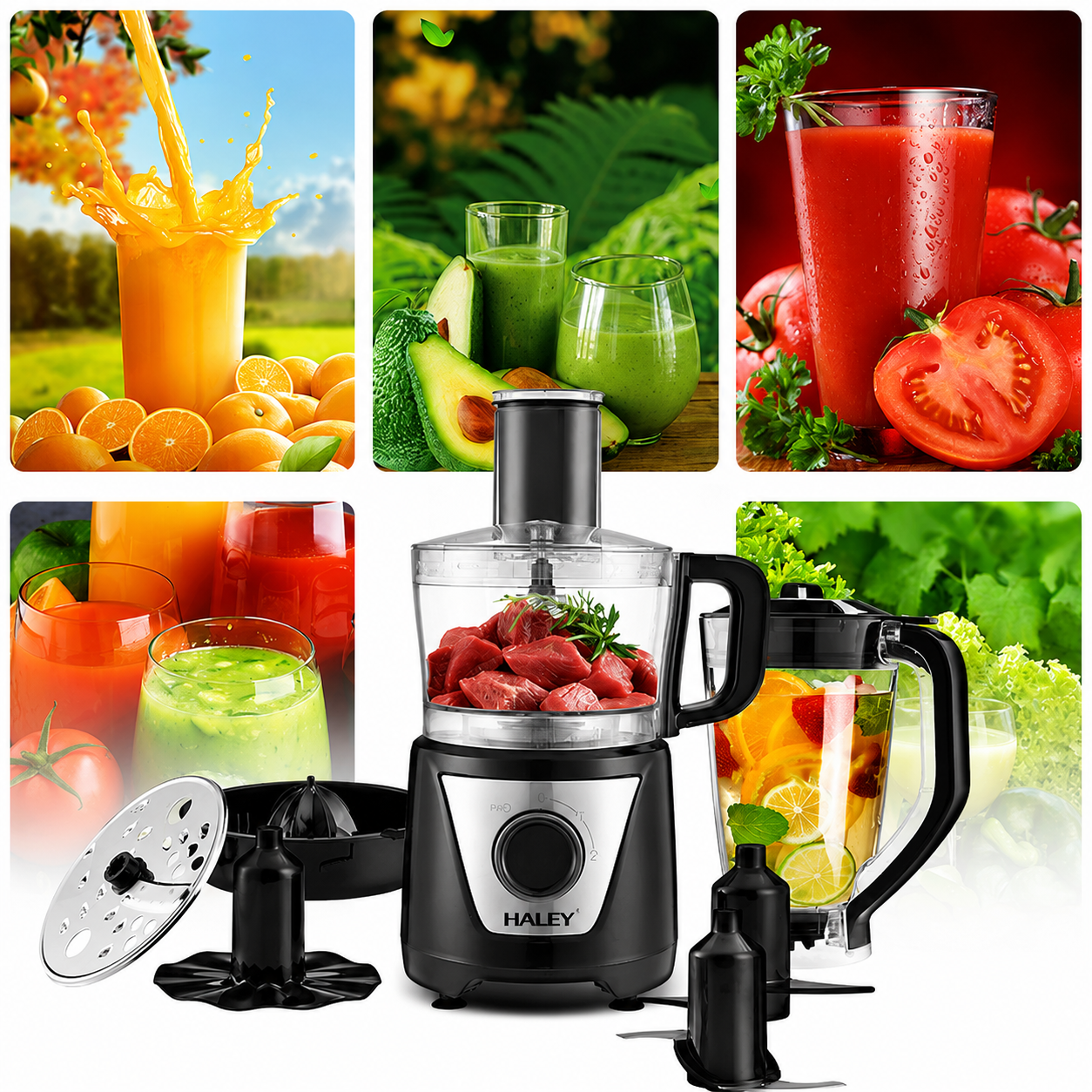 Robot de Bucătărie HALEY® HY-1325, 8 în 1, 1500W, Blender 1.5L, Procesor 1L, 2 Viteze + Pulse, Lame Inox