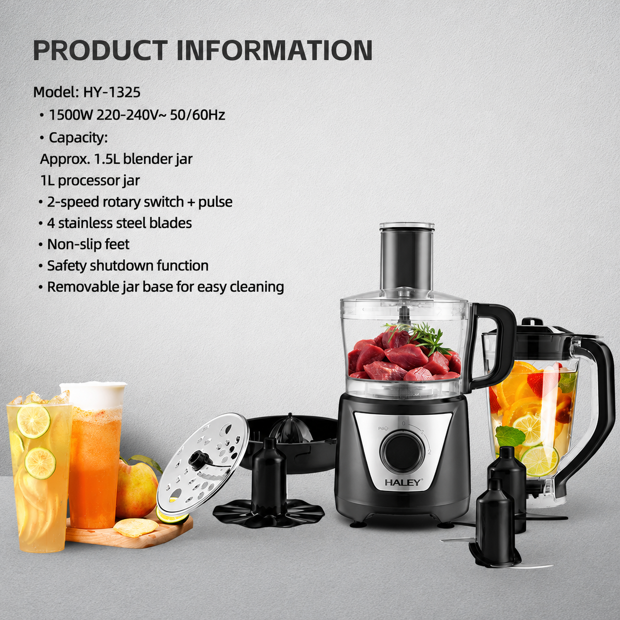 Robot de Bucătărie HALEY® HY-1325, 8 în 1, 1500W, Blender 1.5L, Procesor 1L, 2 Viteze + Pulse, Lame Inox