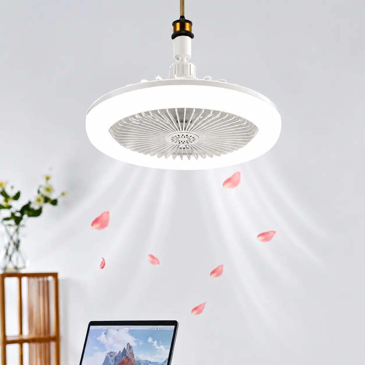Ventilator de Tavan cu LED și Telecomandă E27 – Bec Ventilator 2 în 1, 3 Trepte de Lumină, 3 Viteze, Economie de Energie, Alb