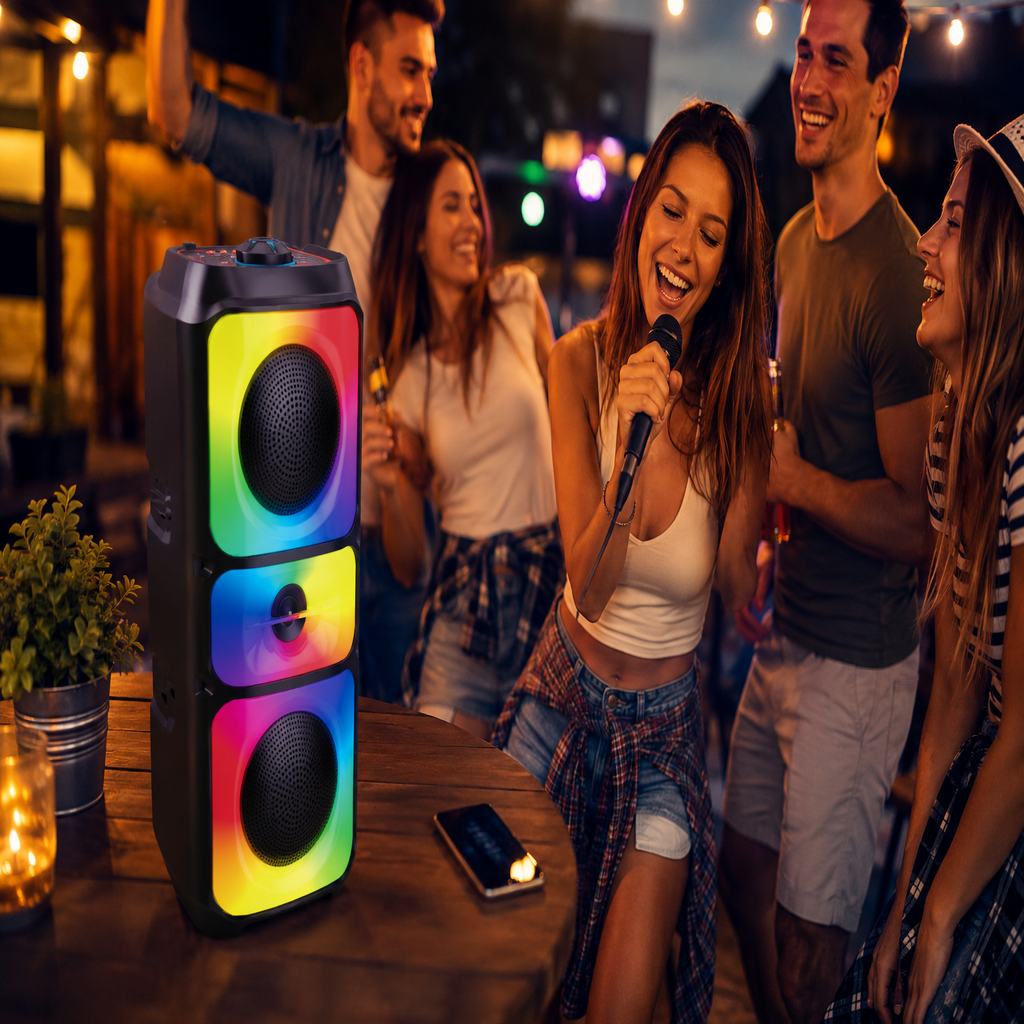 Boxă Portabilă Bluetooth 5.3 Sing-e ZQS42108XM, 200W, 2 Difuzoare 4", Microfon Inclus, Lumini LED RGB, Acumulator 2500mAh, Karaoke, Negru