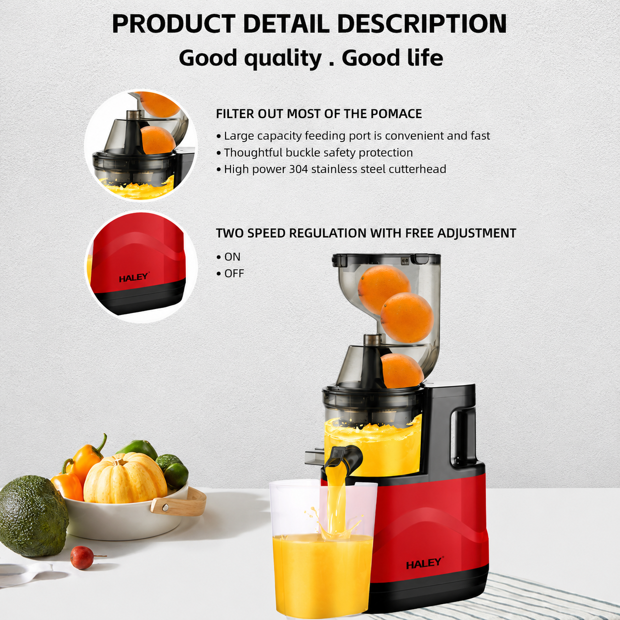 Storcător cu Presare Lentă Haley HY-604, 200W, Slow Juicer, Recipient Suc 300 ml, Recipient Pulpă 300 ml, Filtru Inox cu Micropori, Roșu