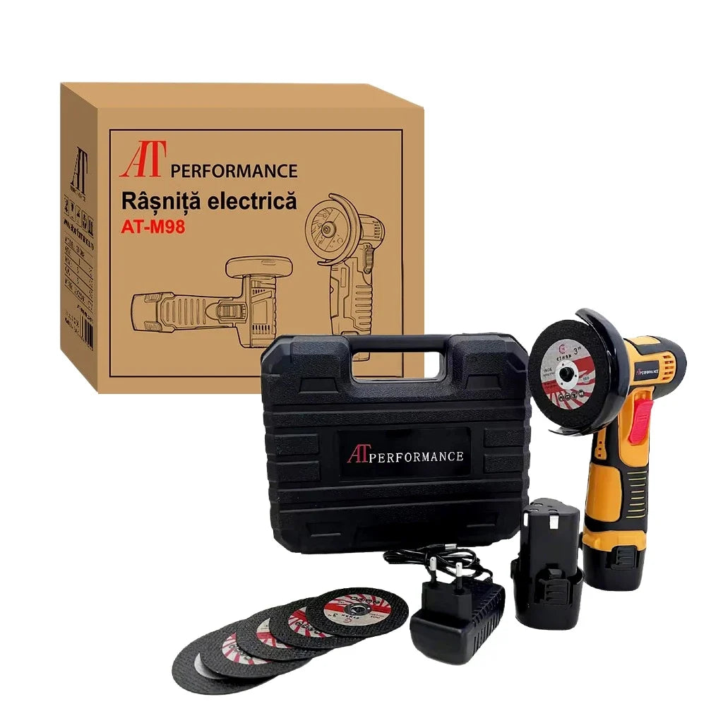 Mini Polizor Flex Unghiular Portabil, AT PERFORMANCE®, 2 acumulatori 12V, 750W, 1500 mAh, 19500 rpm, 6 discuri 76 mm, Autonomie Mare