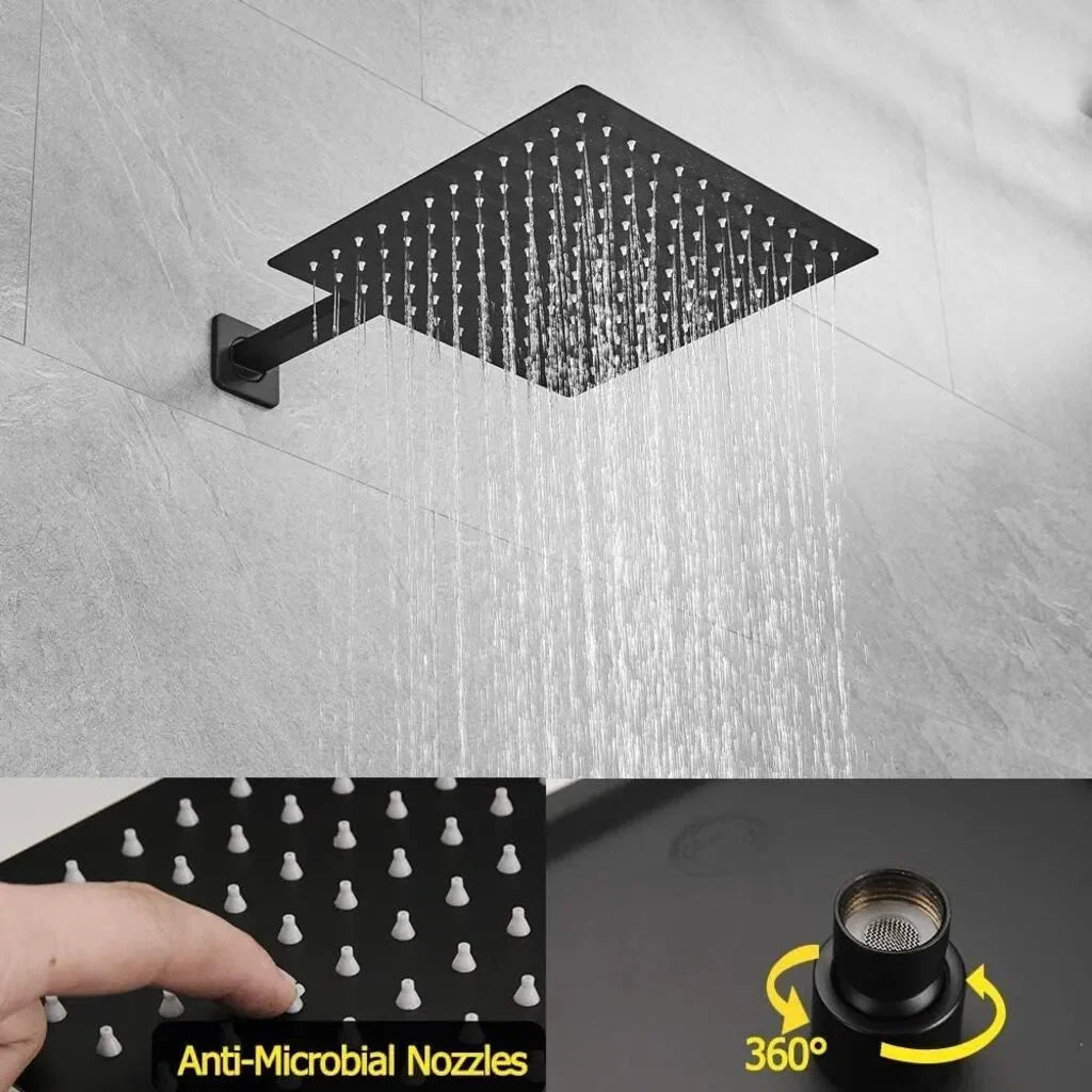 Sistem de Cadă-Duș negru mat, montaj pe perete, cap ploaie 10” și pară de duș, presiune înaltă
