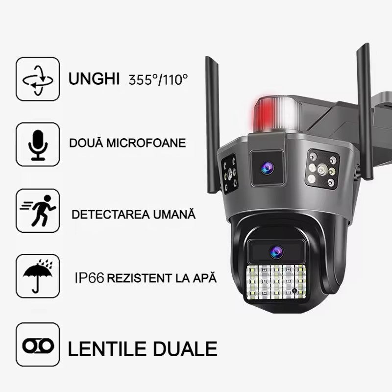Cameră de Supraveghere AT PERFORMANCE® Exterior WiFi PTZ 360° – Dual Lens, Vedere Nocturnă Color, Detectare Mișcare
