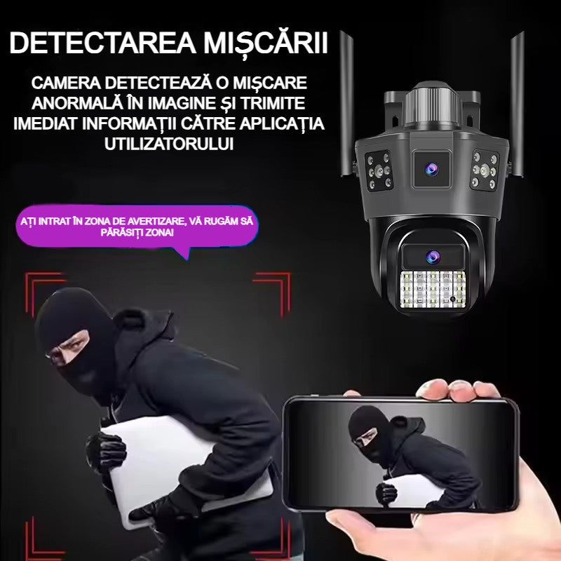 Cameră de Supraveghere AT PERFORMANCE® Exterior WiFi PTZ 360° – Dual Lens, Vedere Nocturnă Color, Detectare Mișcare